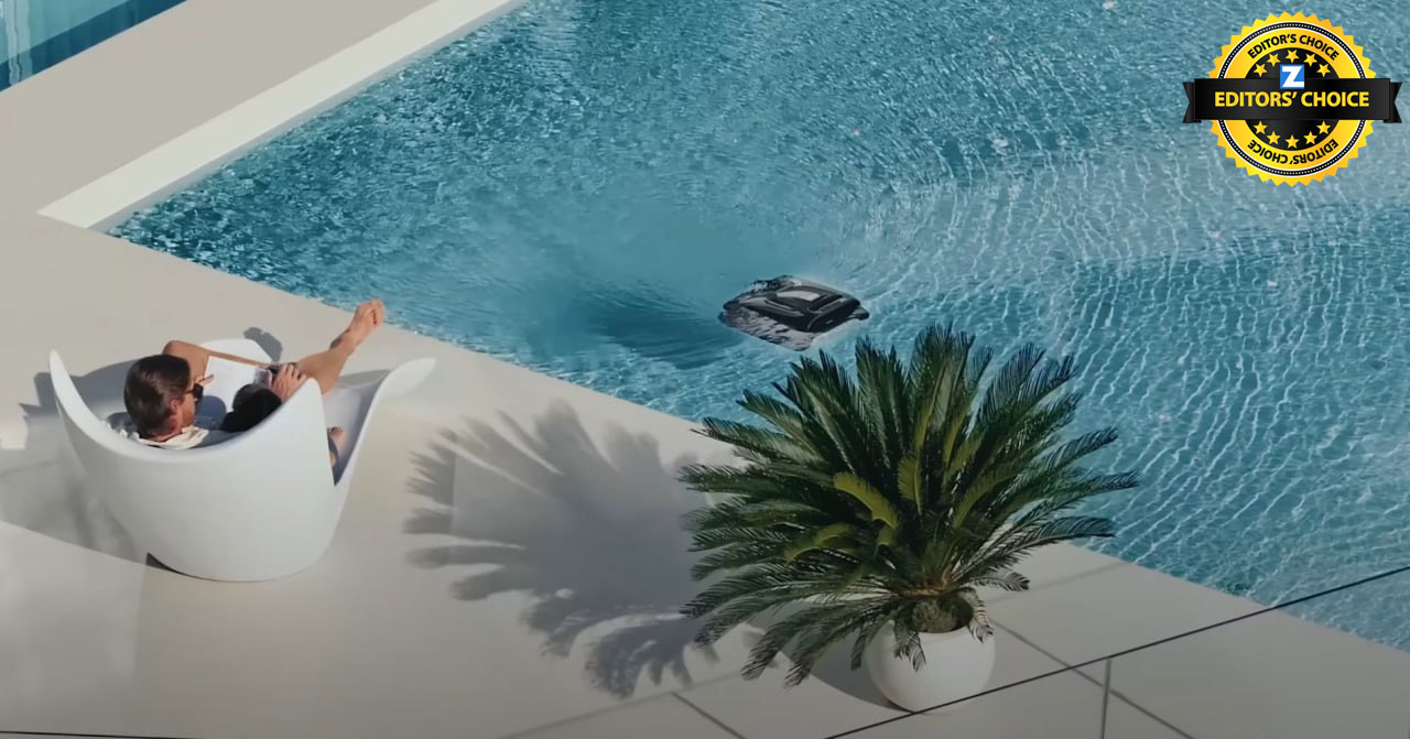 Robotic pool cleaner in action creating sparkling clean pool